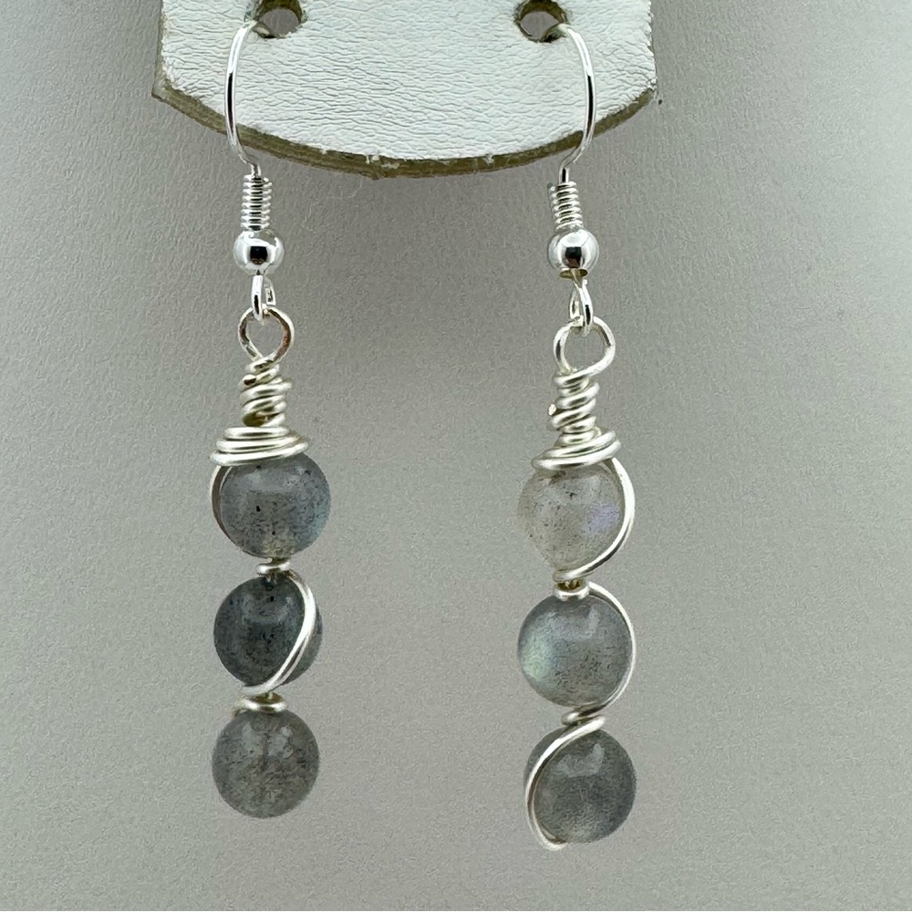 New Labradorite Wire Wrap Dangle Earrings Silver Tone